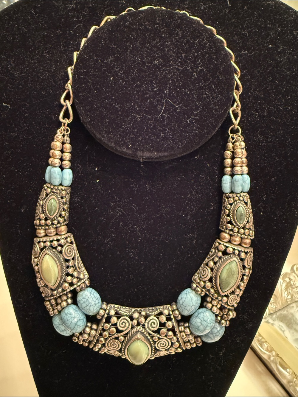 Vintage Boho Turquoise Statement Bib Necklace Mixed Metal